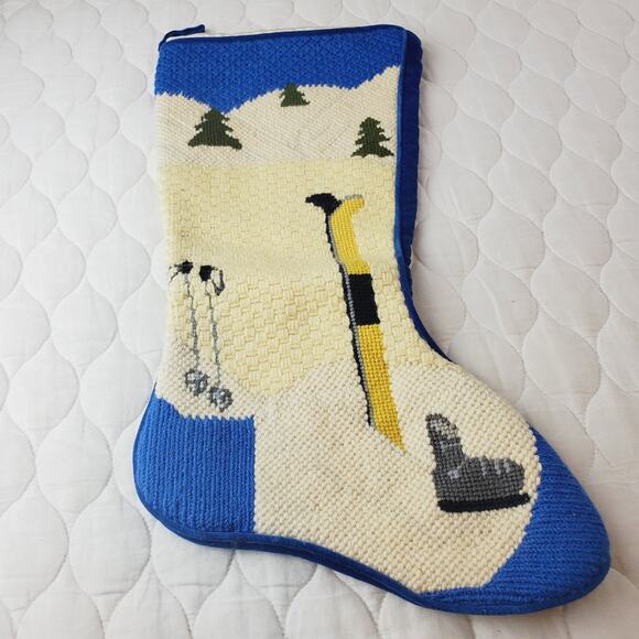 Vintage Christmas Needlepoint Christmas Stocking Ski Theme Blue Velvet Sports - Picture 2 of 10